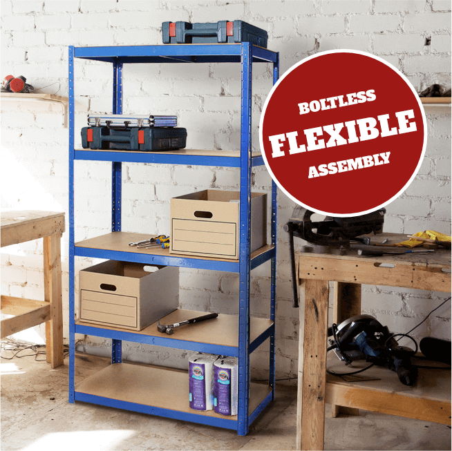 Boltless flexible shelving assembly unit